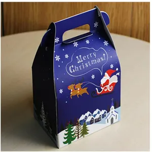 Vista detallada de caja de regalo de Navidad azul con lindo diseño de Papá Noel y reno.