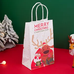 Christmas gift paper bag with cute reindeer and Santa design, perfect for holiday wrapping.