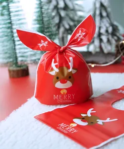 Christmas Gift Bags Cartoon Reindeer Plastic Candy Cookie Treat Pouches Bunny Ear Drawstring Party Favor Bags For Kids