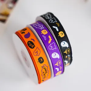 Halloween Grosgrain Ribbon Orange Purple Black Gift Wrapping Ribbons With Pumpkin Ghost Spiderweb Printed Pattern For DIY Craft Party Baking Box Decoration