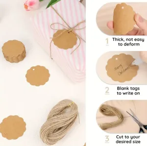 Kraft paper round scalloped gift tags with natural jute twine for DIY crafts and holiday gifts.