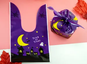 Halloween rabbit ear candy gift bags, cute purple plastic packaging for treats and cookies.