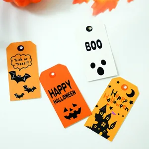 Halloween gift tags set, 4 assorted cute designs with pumpkin, ghost, bat, and castle decor.