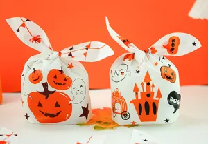 Halloween rabbit ear candy gift bags, cute pumpkin ghost printed plastic packaging for party treats.