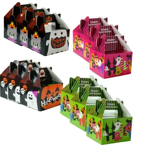 Detailed view of 4 styles Halloween paper treat boxes with ghost and pumpkin designs.
