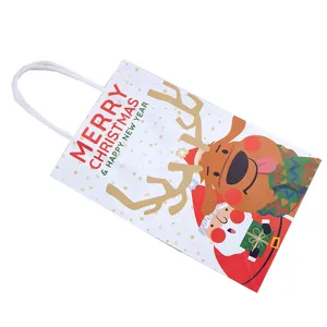 Christmas gift paper bag with cute reindeer and Santa design, perfect for holiday treats.