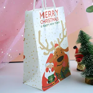 Christmas paper gift bag with cute reindeer and Santa design for holiday candy packaging.