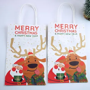 Christmas paper gift bag with cute reindeer and Santa design, perfect for holiday wrapping.