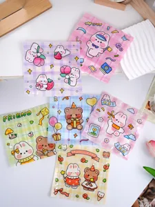 Cute cartoon self-sealing bags with lovely bear and rabbit designs for daily storage.
