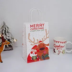 Christmas gift paper bag with handles, cute reindeer and Santa design for holiday party favors.