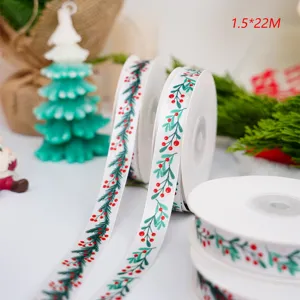 Cinta de Faya de Navidad de Poliéster Estampado Patrón de Pino Baya Cinta Blanca para Caja de Regalo Pastelería Decoración DIY