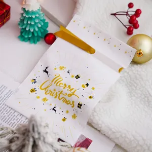 Christmas cookie packaging bag with golden ribbon and Merry Christmas festive design.
