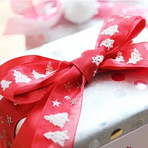 Detail shot of red organza Christmas ribbon with white tree and silver star patterns.