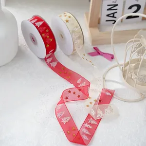 Christmas gold foil tree organza ribbon rolls for gift wrapping, holiday packaging and crafts.
