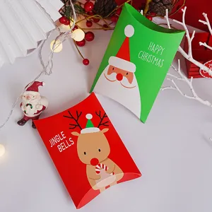 Christmas pillow boxes for cookies and candy packaging, cute Santa and reindeer designs.