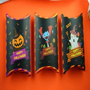 Halloween paper pillow boxes for candy and gifts, spooky party favor packaging set of 3