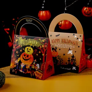 Halloween candy paper gift box with handle for party cookie packaging and holiday treats.
