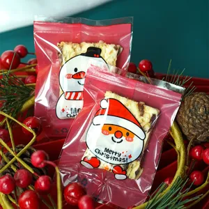 Christmas Plastic Food Packaging Bags Cartoon Santa Claus Snowman Printed Heat Seal Gift Bags For Bakery Biscuit Cookie Snack Packing Supplies