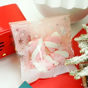 Christmas snowflake self-adhesive packaging bag detail view, clear printed design for gift cookie.