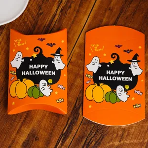 Halloween cartoon pumpkin ghost candy pillow box detail view, creative paper gift packaging.