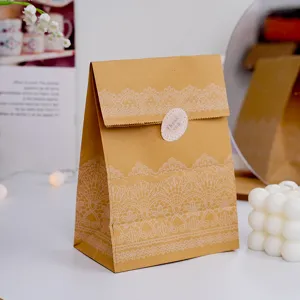 Sacchetti Regalo in Carta Kraft Vintage Con Motivo a Pizzo Bianco Chiusura a Piega Piccola Scatola da Confezione per Festa Matrimonio Dolci Ricordo