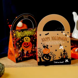 Halloween Paper Gift Candy Box Cartoon Pumpkin Pattern Handle Treat Bag Cookie Nougat Packaging Box Festive Party Decoration Supplies