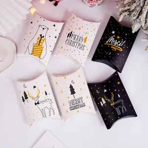 Gold Christmas Pillow Candy Gift Box Paperboard Festive Party Gift Wrap Box With Reindeer Polar Bear Printed Craft Box