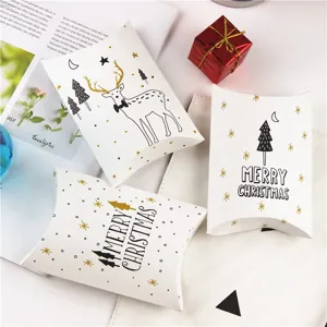 Gold Christmas pillow shape paper gift candy box detail view with lovely deer and tree design.
