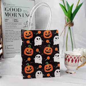 Halloween paper gift bag with cute pumpkin and ghost cartoon patterns, mini portable design.