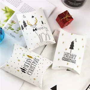 Christmas pillow gift boxes for candy packaging, cute deer and tree patterns, gold foil detail.