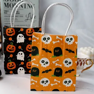 Halloween mini paper gift bags with cute pumpkin and skull patterns, perfect party favor totes.