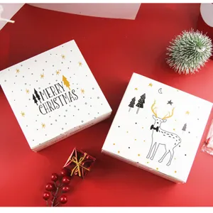 Boîte Cadeau Alimentaire en Carton de Noël Carrée Imprimé Renne Sapin Boîte d'Emballage pour Nougat Fête Vacances Souvenirs Rangement