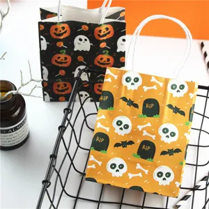 Halloween paper gift bags with mini skull and pumpkin designs, perfect for party favors and treats.
