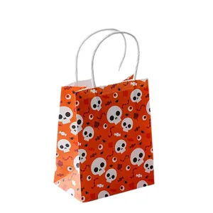 Mini Halloween paper gift bag with cute skull patterns, orange packaging bag with handles.