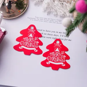 Christmas tree shaped red paper hanging tags with white Merry Christmas print, 100pcs pack.
