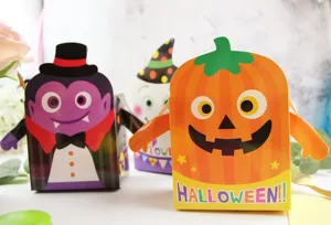 Halloween Papierschachtel für Süßigkeiten mit beweglichen Armen, Kürbis und Gespenst Design.