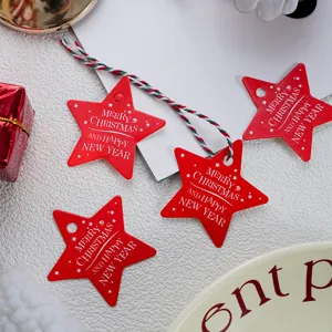 Christmas red star shape hang tags with string, festive holiday message card for decor.