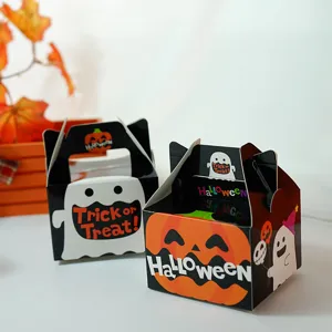Halloween party gift paper treat boxes with cute ghost and pumpkin designs for kids.