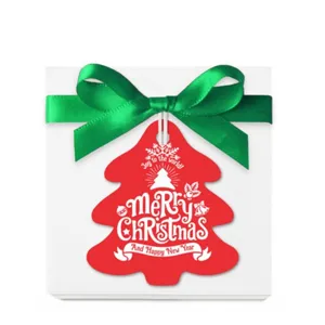 Christmas tree shape red and green gift tag with green ribbon, perfect for holiday decoration.