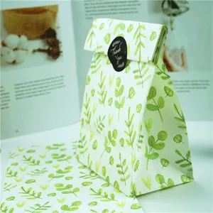 Bolsa de regalo de papel con diseño de hojas verdes, bolsa ecológica para panadería y embalaje.
