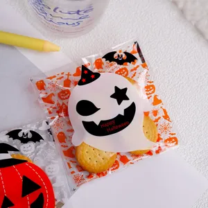 Bolsas de plástico autoadhesivas para galletas de Halloween con diseño de fantasma y calabaza.