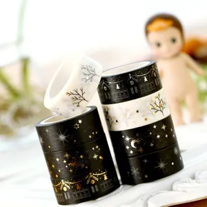 Rotoli di nastro washi nero e bianco con stampa in folio oro e argento per diario e fai-da-te.