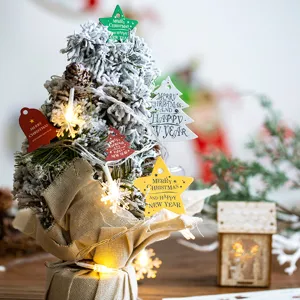 Mini flocked christmas tree with fairy lights and decorative hanging tags for holiday decor.