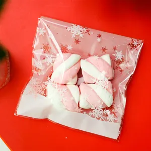 Christmas snowflake self-adhesive plastic packaging bag with pink white marshmallows detail