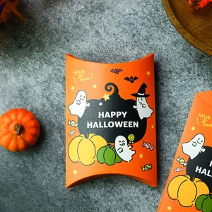 Halloween candy pillow box featuring cute cartoon ghost and pumpkin print, perfect for gift packing.
