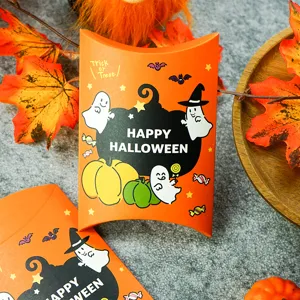 Halloween pumpkin ghost candy pillow box detail view, cute holiday packaging design.