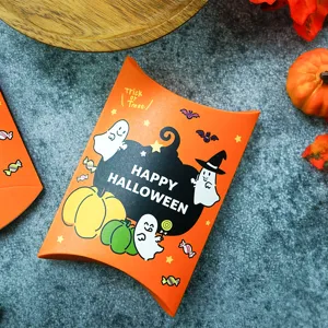 Halloween candy pillow box, orange cartoon ghost pumpkin paper packaging for kids gift
