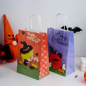 Halloween paper gift bags with handles, cute trick or treat candy bags for holiday party favors.