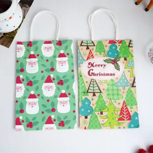 Christmas paper gift bags with handles, festive Santa and tree designs for holiday parties.