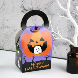 Halloween candy gift box with handle, cute pumpkin ghost pattern for party packaging detail.